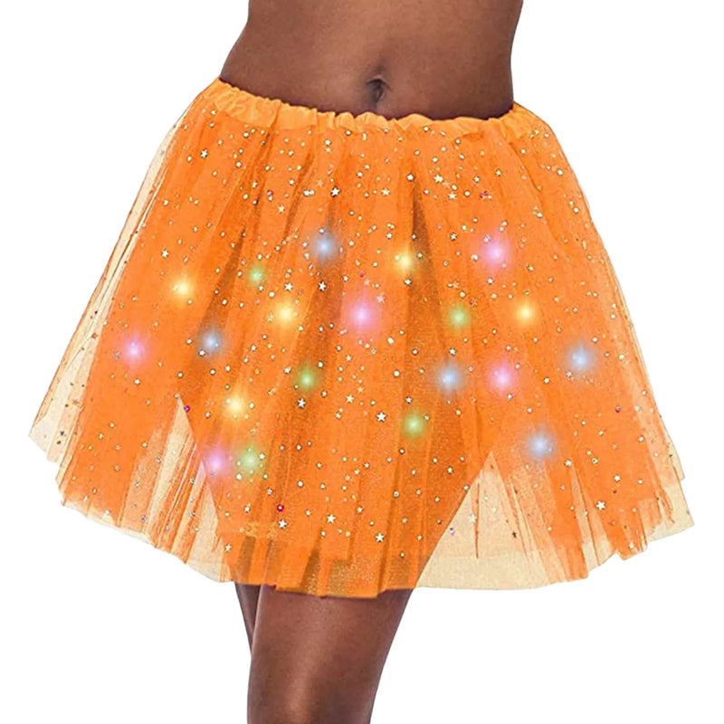 Halloween Cosplay Women Star Sequins Mesh Pleated Tulle Princess Skirt With LED Skirt Party Dancing Miniskirt Costume Clothing