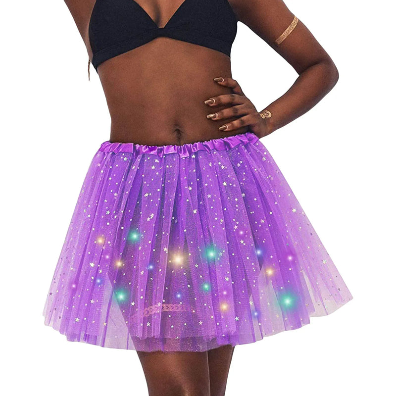 Halloween Cosplay Women Star Sequins Mesh Pleated Tulle Princess Skirt With LED Skirt Party Dancing Miniskirt Costume Clothing