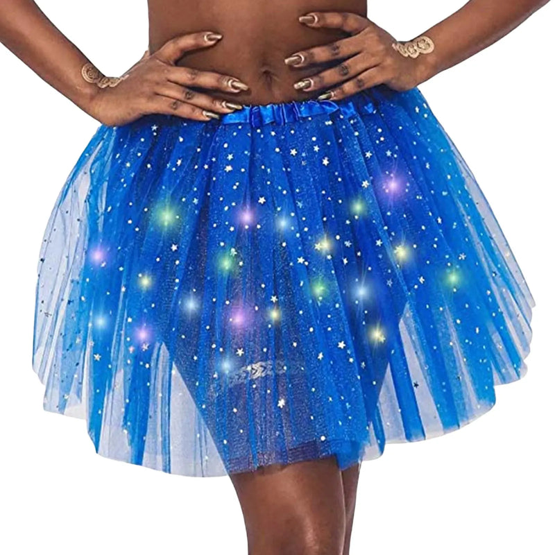 Halloween Cosplay Women Star Sequins Mesh Pleated Tulle Princess Skirt With LED Skirt Party Dancing Miniskirt Costume Clothing