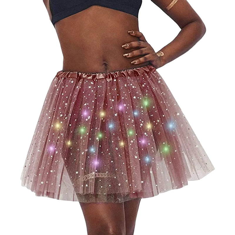 Halloween Cosplay Women Star Sequins Mesh Pleated Tulle Princess Skirt With LED Skirt Party Dancing Miniskirt Costume Clothing