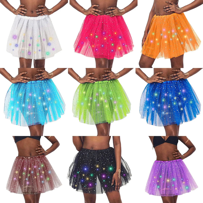 Halloween Cosplay Women Star Sequins Mesh Pleated Tulle Princess Skirt With LED Skirt Party Dancing Miniskirt Costume Clothing