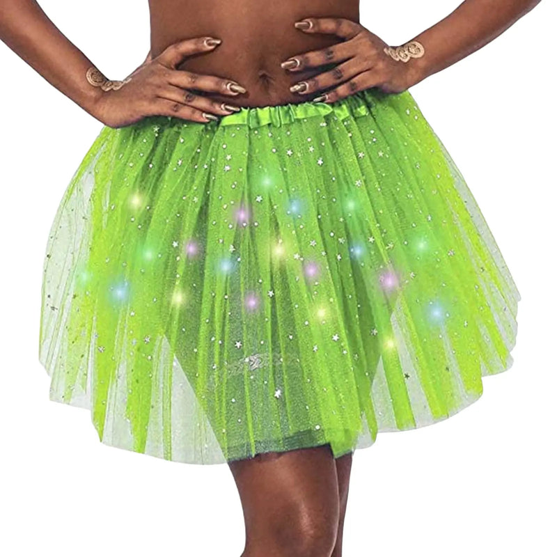 Halloween Cosplay Women Star Sequins Mesh Pleated Tulle Princess Skirt With LED Skirt Party Dancing Miniskirt Costume Clothing